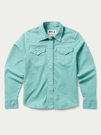 Turquoise women's snap-front denim shirt with two chest pockets and buttoned placket