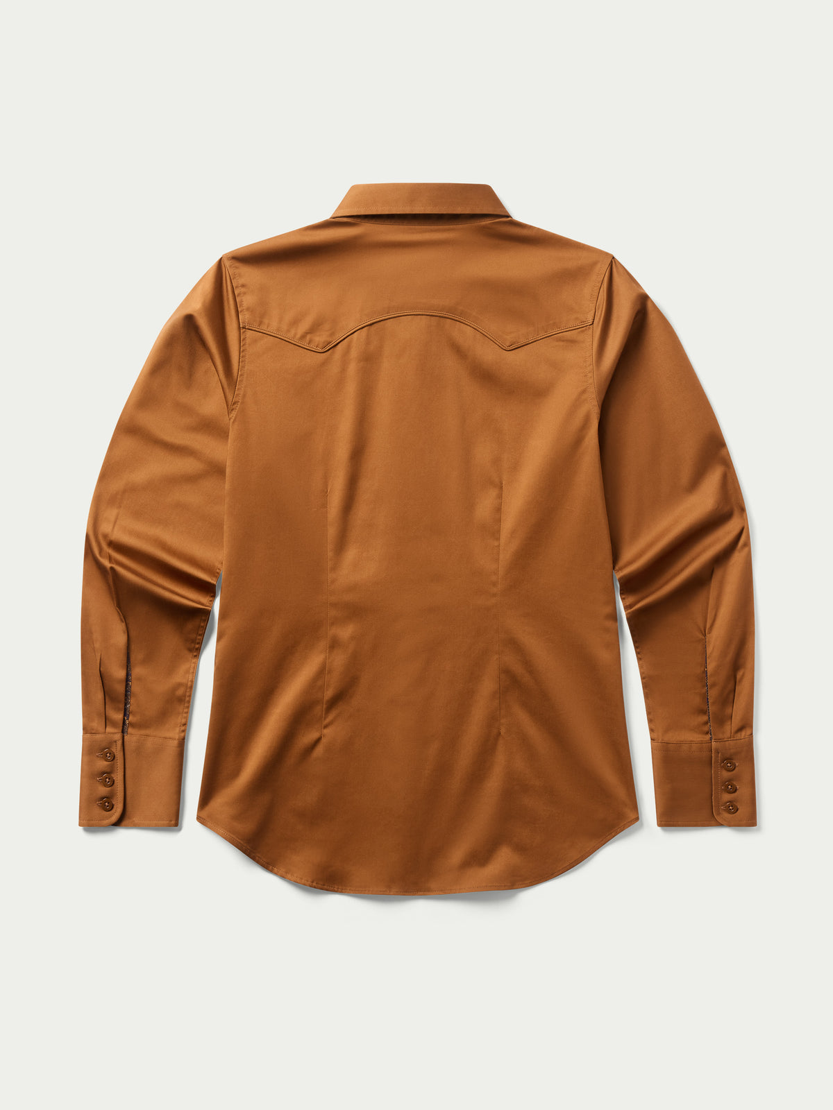 Women’s dark caramel button-up shirt, back view with yoke seam and long sleeves