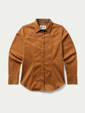 Women’s dark caramel button-up shirt with pointed collar and front button placket