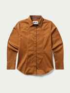 Women’s dark caramel button-up shirt with pointed collar and front button placket