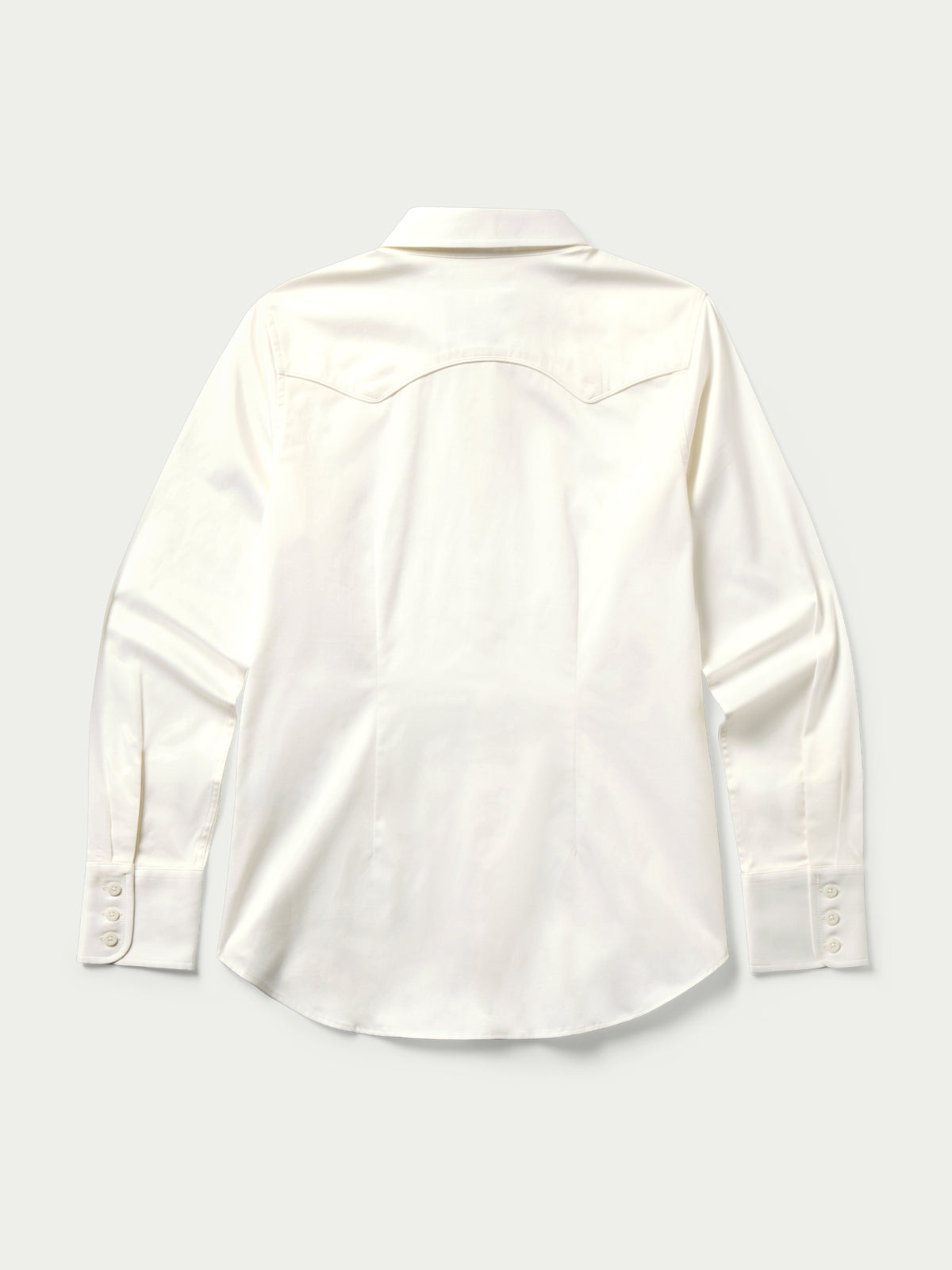 Women’s white button-up shirt with long sleeves, pointed collar, and button front