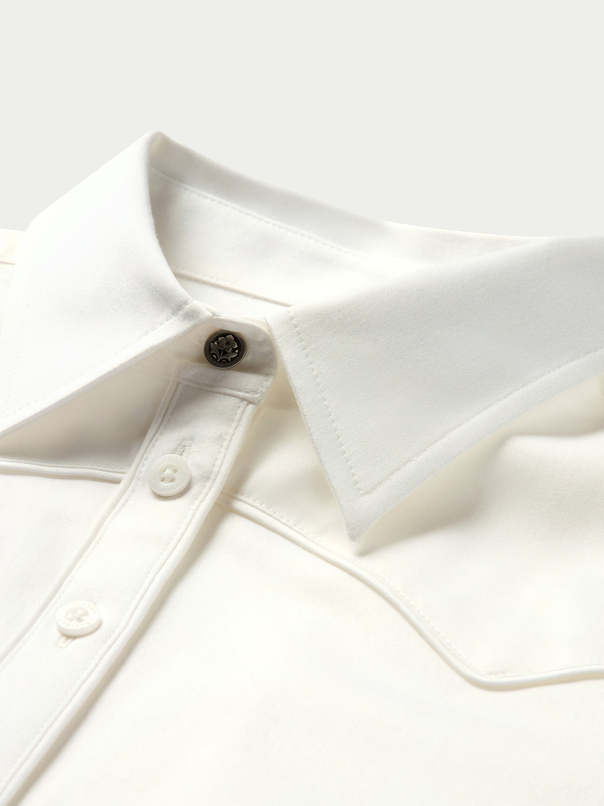 White button-up shirt neckline with pointed collar and long-sleeve placket buttons