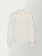 Vintage white button-up blouse with stand collar and embroidered chest panels