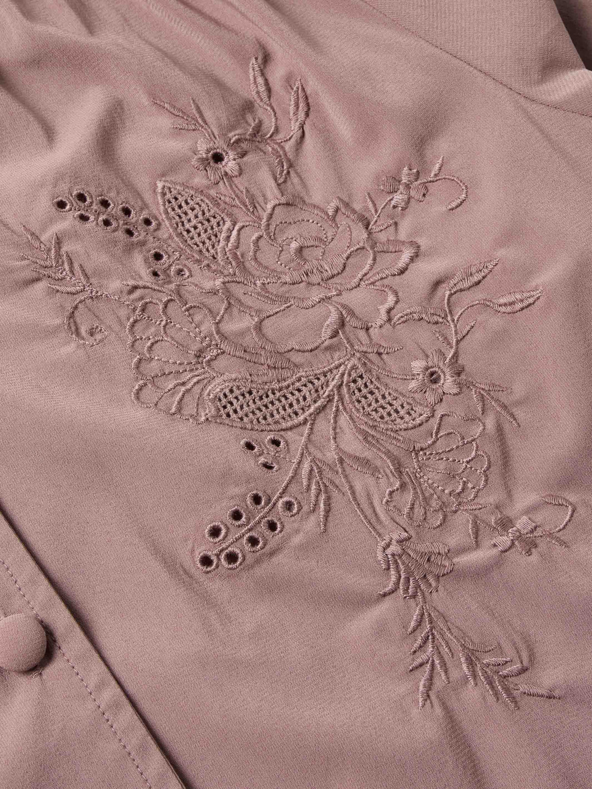 Washed plum blouse chest embroidery with floral lace pattern and small eyelet accents