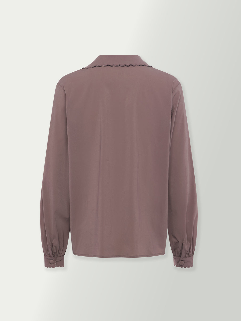 Back view of washed plum button blouse with long sleeves and gathered cuffs