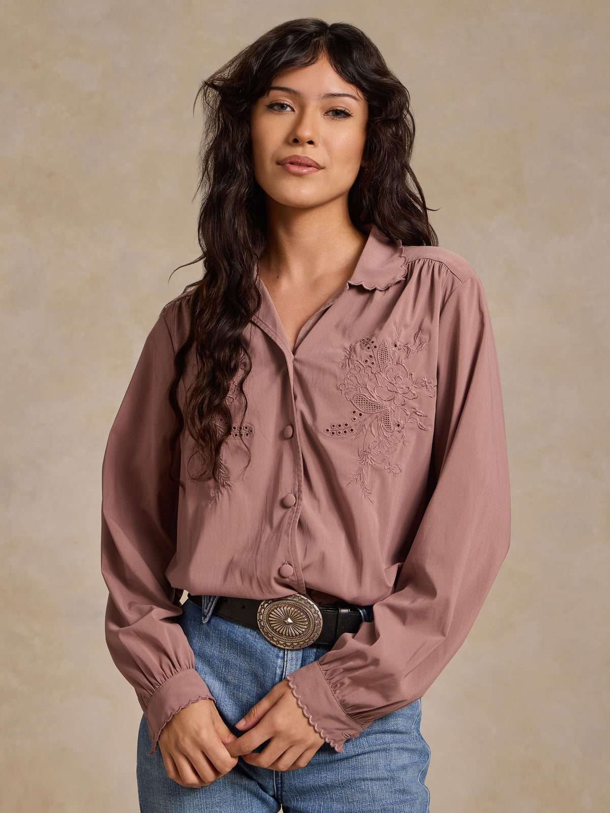 Washed plum blouse with collar, front buttons, and embroidered chest detail