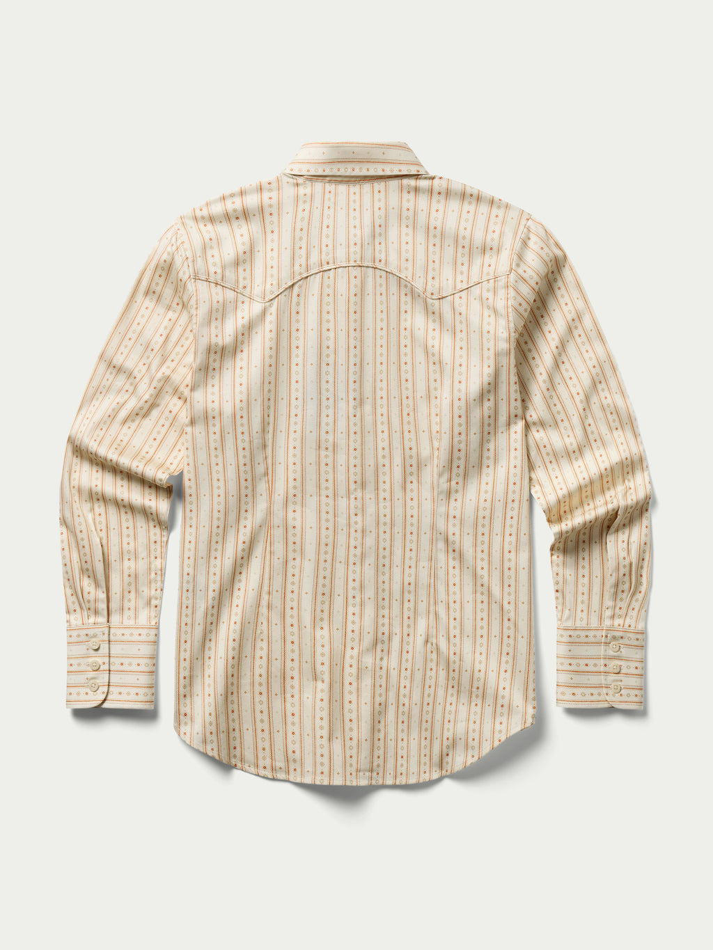 Women's printed button-up shirt with long sleeves and striped motif, back view