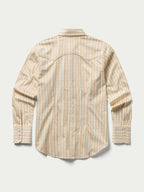 Women's printed button-up shirt with long sleeves and striped motif, back view