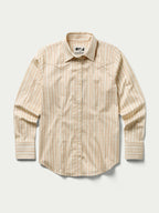 Women's printed button-up shirt with long sleeves and striped motif, front view
