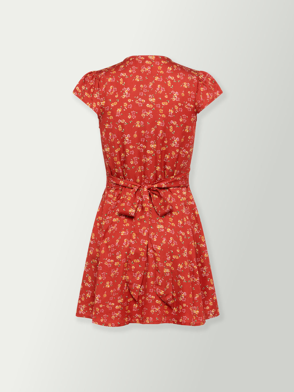 Red floral mini dress back view with bow-tie waist and short sleeves