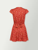 Red floral mini dress back view with bow-tie waist and short sleeves