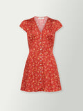 Red floral mini dress front view with V-neck, button placket, and tie waist