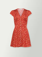 Red floral mini dress front view with V-neck, button placket, and tie waist