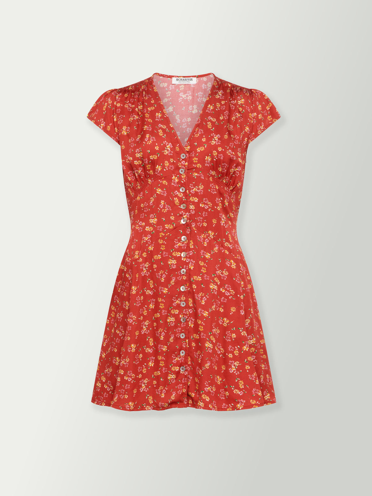 Red floral mini dress front view with V-neck, button placket, and tie waist