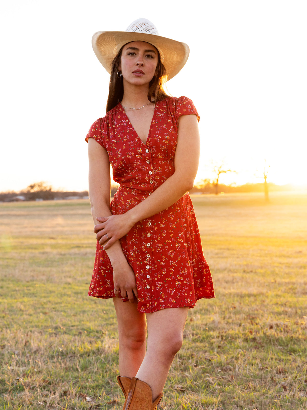 Red floral V-neck mini dress with cap sleeves and tied waist bow detail