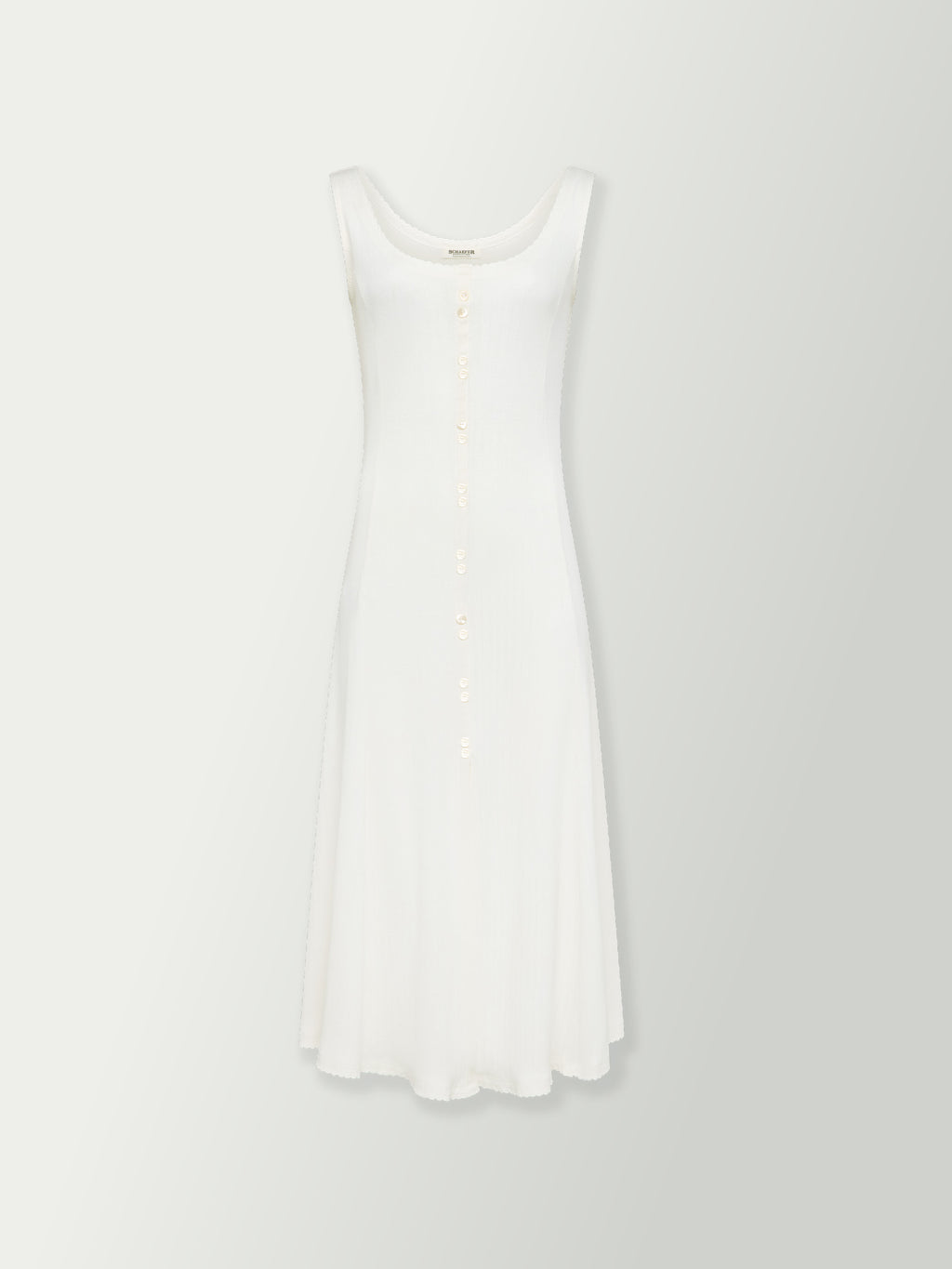 Bone sleeveless button-front maxi dress with scoop neckline.