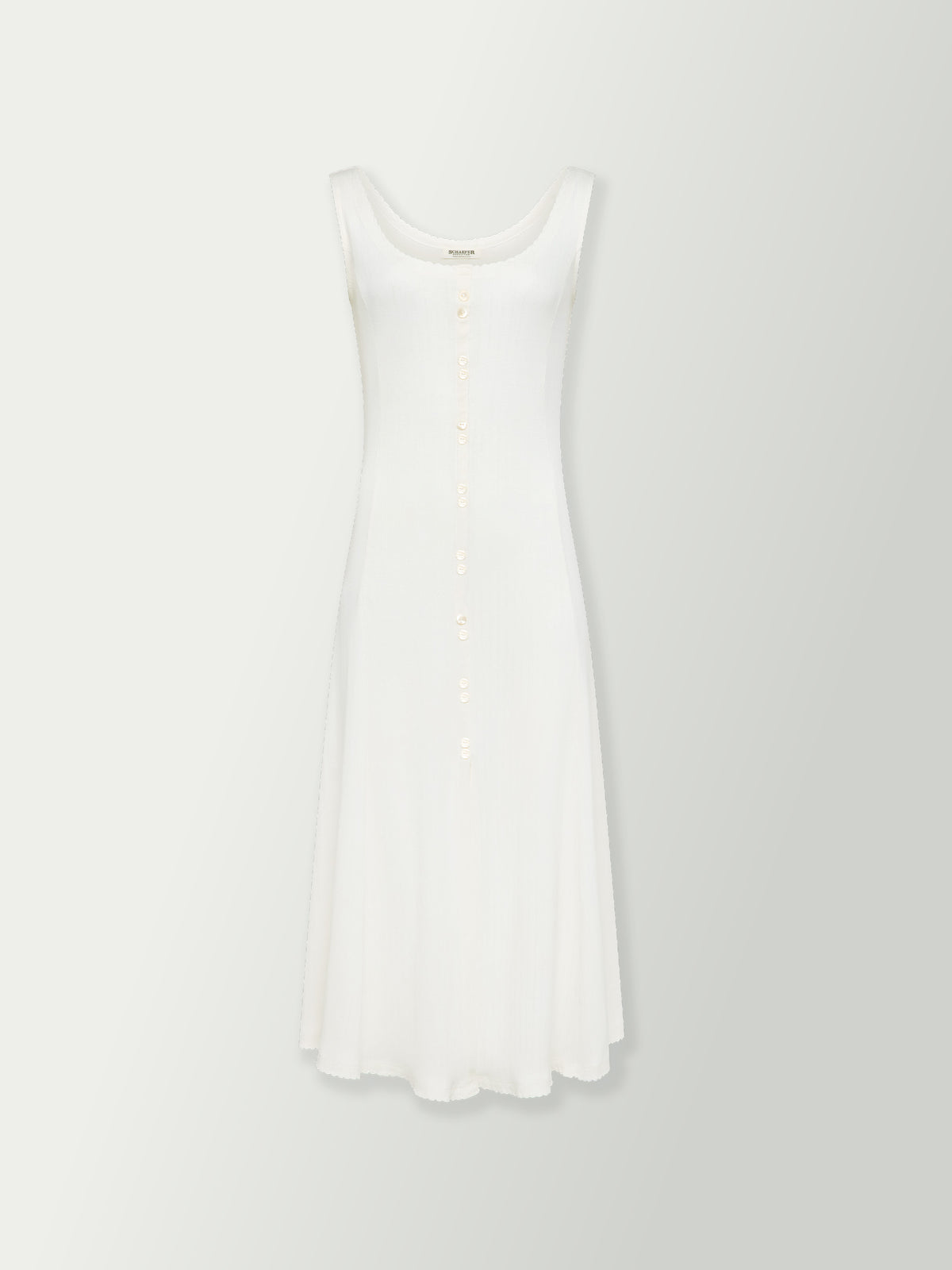Bone sleeveless button-front maxi dress with scoop neckline.