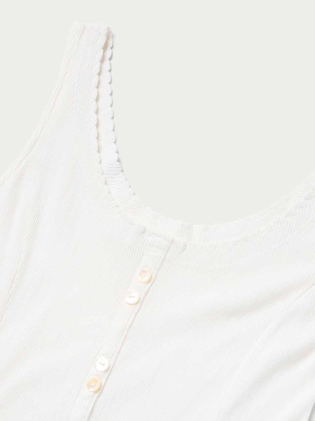 Bone scoop-neck sleeveless dress with scalloped trim and button placket