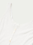 Bone scoop-neck sleeveless dress with scalloped trim and button placket