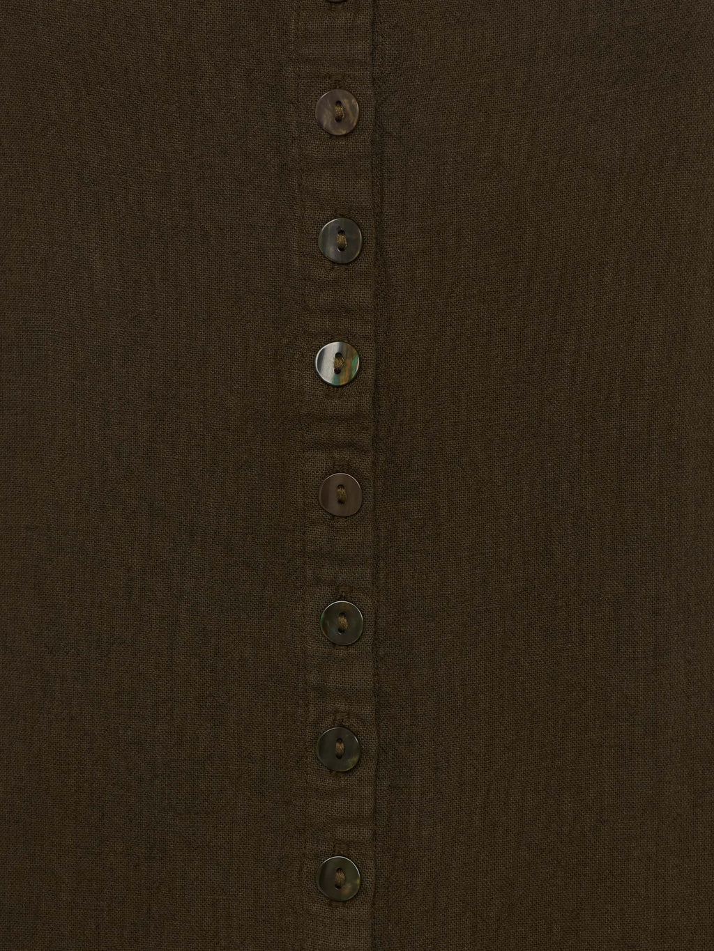 Olive button-front sleeveless dress with vertical button placket detail
