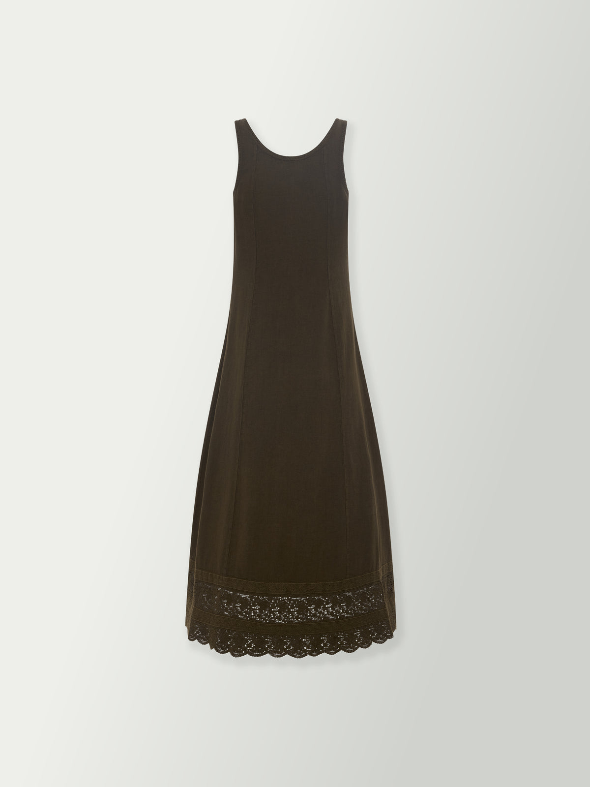 Olive sleeveless shift dress with lace-trimmed hem