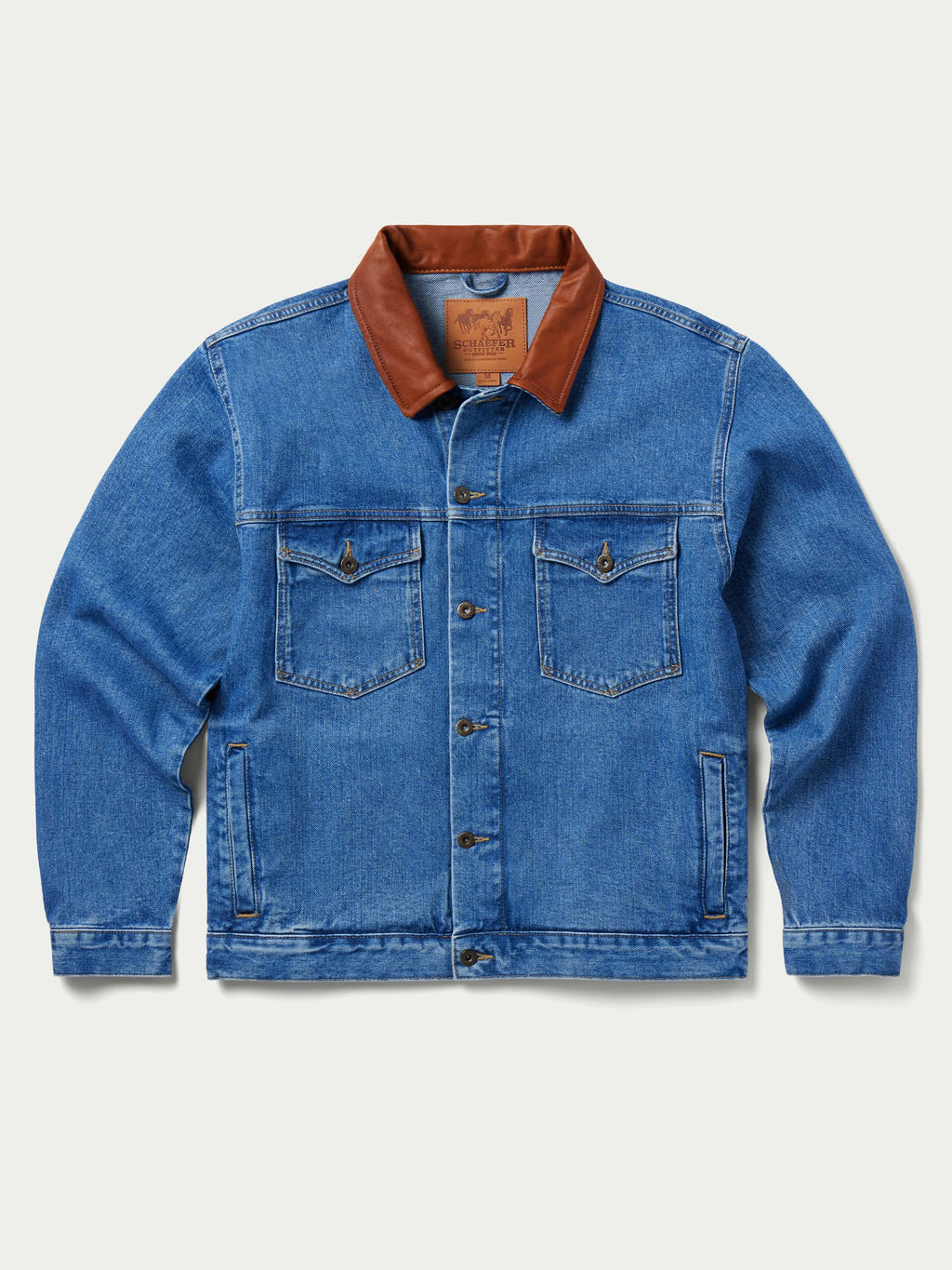 Men's medium indigo denim jacket front view with brown collar and two chest pockets