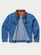 Medium indigo denim jacket front with brown collar over a light gray hoodie
