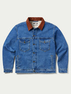 Indigo denim jacket front view with two chest pockets and button closure