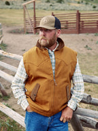 Men’s tan zip canvas vest with sherpa collar and two flap chest pockets