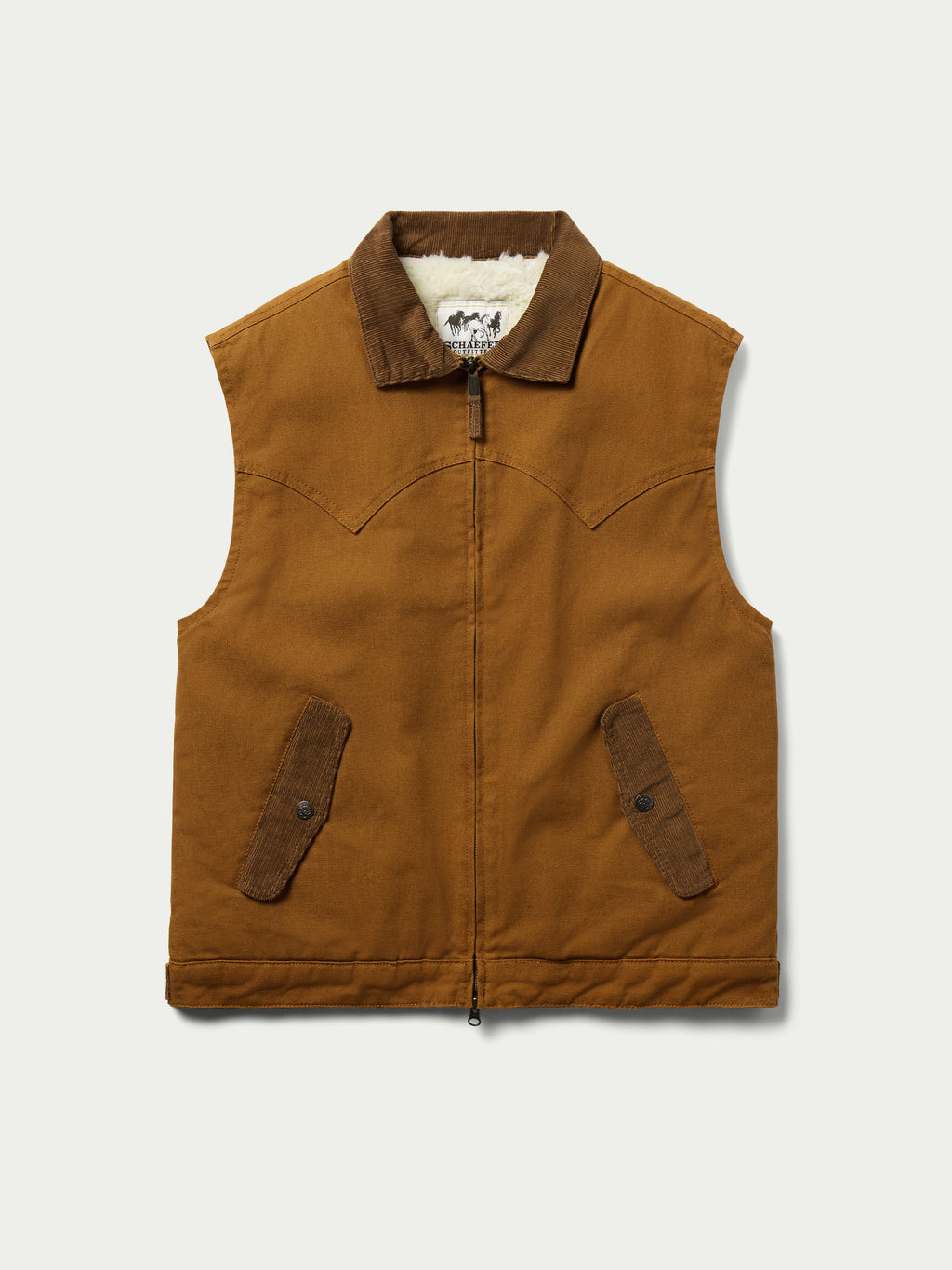 Tan canvas zip-up vest with stand collar and two front flap pockets
