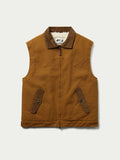 Tan canvas zip-up vest with stand collar and two front flap pockets