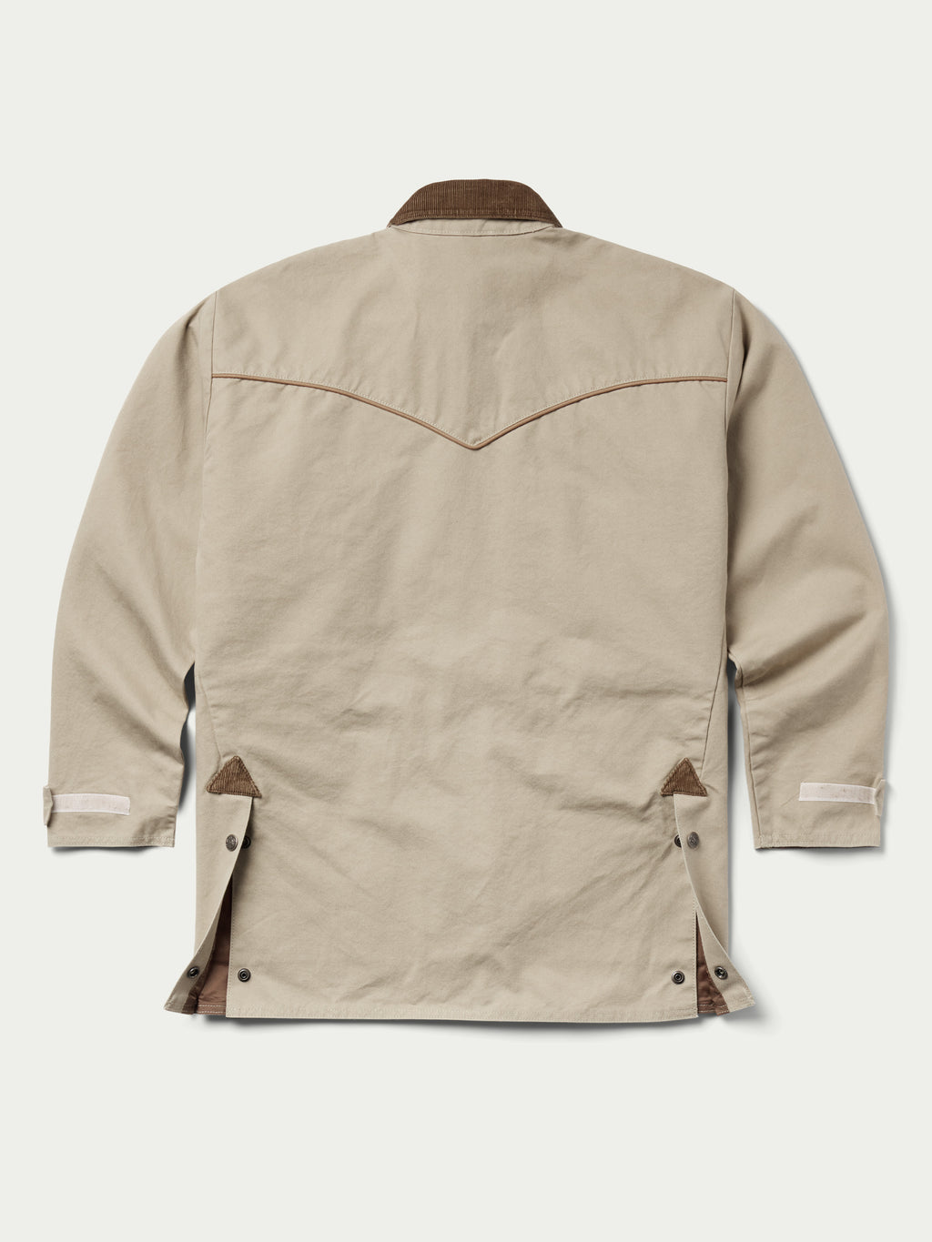 Beige drifter coat back view with brown seam accents and flap pockets