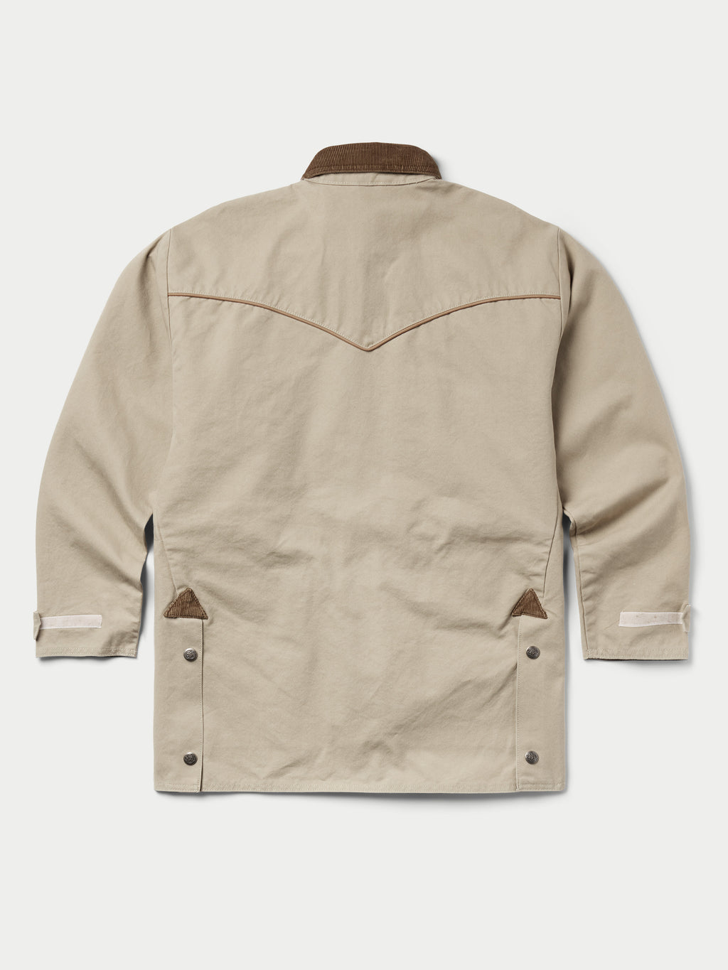 Beige drifter coat back view with brown yoke trim and side hem flap