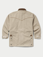 Beige drifter coat back view with brown yoke trim and side hem flap