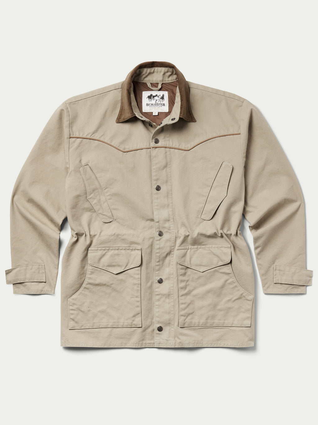 Beige drifter coat with brown stand collar, button front, and two chest flap pockets