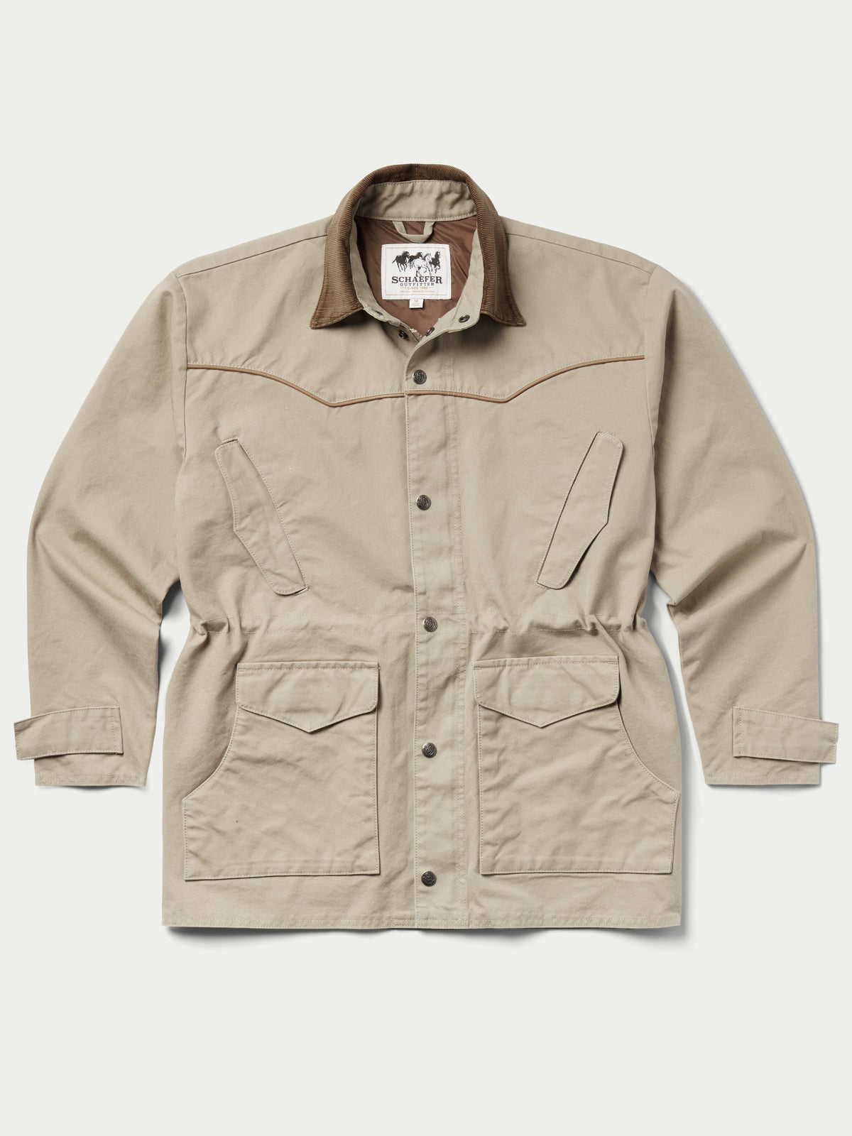Beige drifter coat with brown stand collar, button front, and two chest flap pockets