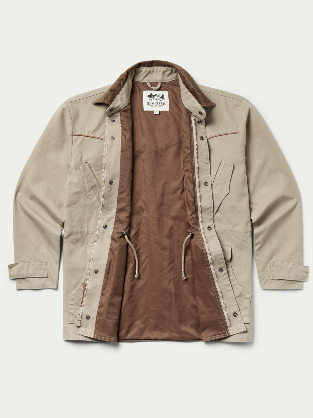 Beige drifter coat open to show brown lining, hooded collar, and drawcord