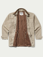 Beige drifter coat open to show brown lining, hooded collar, and drawcord