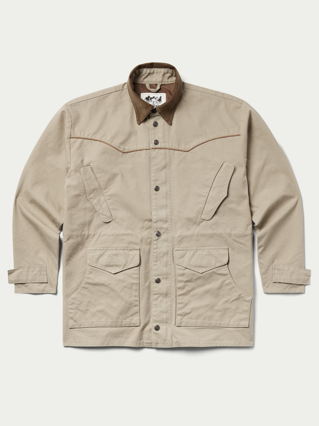 Front view beige drifter coat with brown collar, snap buttons, and chest pockets
