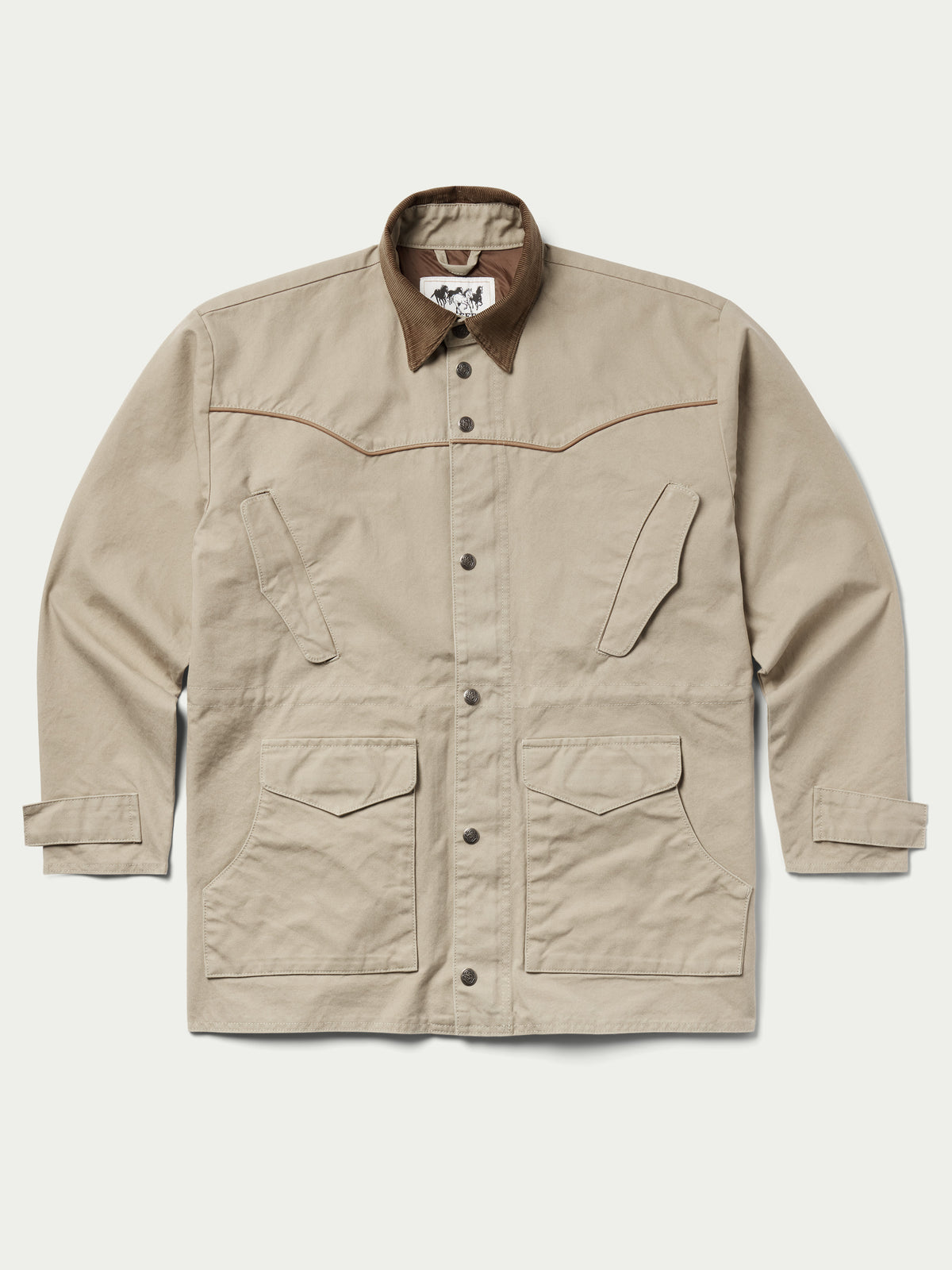 Front view beige drifter coat with brown collar, snap buttons, and chest pockets