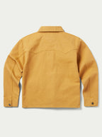 Suntan brush jacket with stand collar, button front, and snap cuffs.