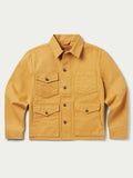Suntan brush jacket with stand collar, two chest pockets, and button front.
