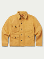 Suntan brush jacket with stand collar, two chest pockets, and button front.