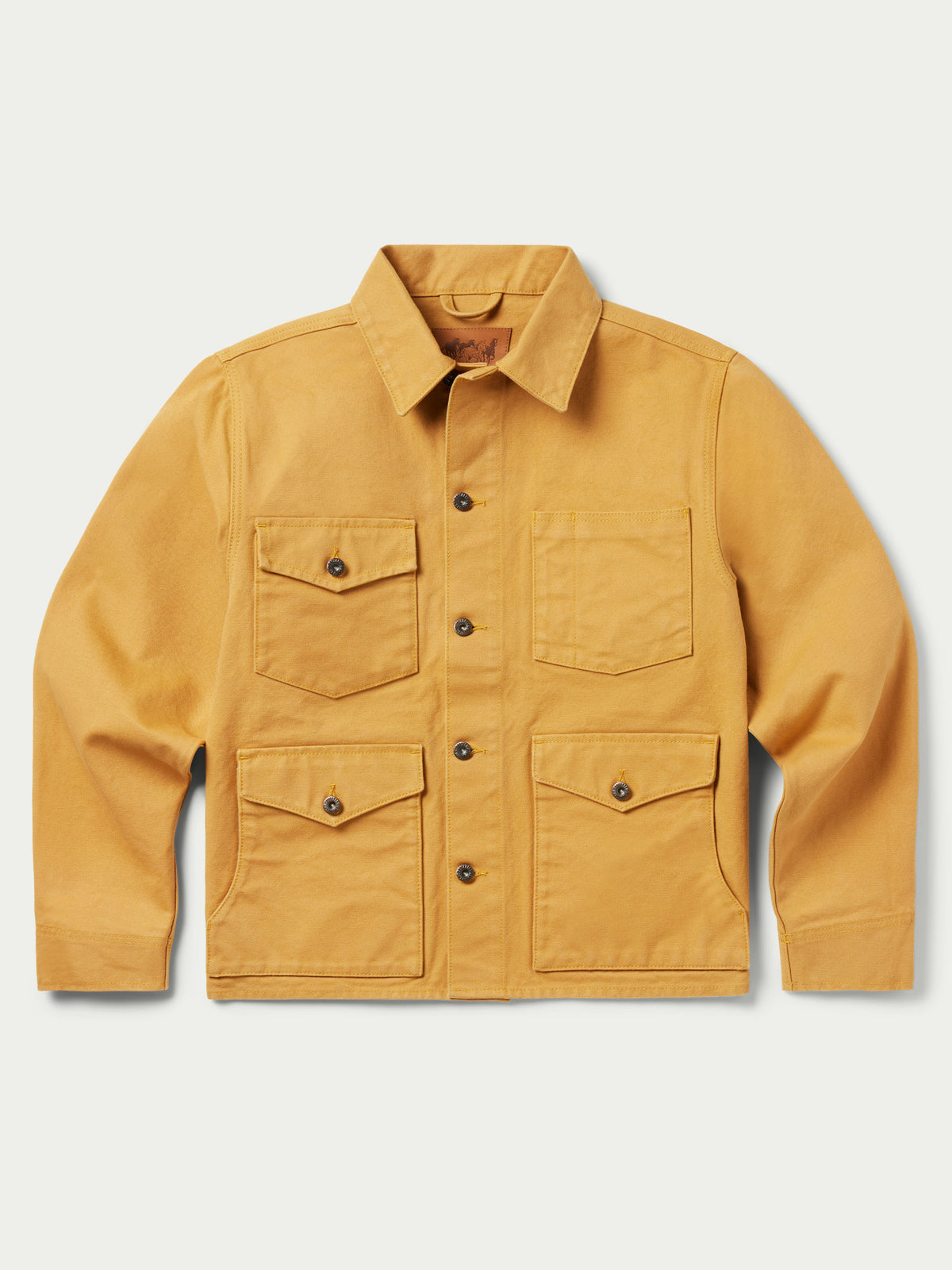 Suntan brush jacket with stand collar, two chest pockets, and button front.