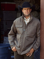 Stone canvas ranch jacket with zip front, flap pockets, and snap collar