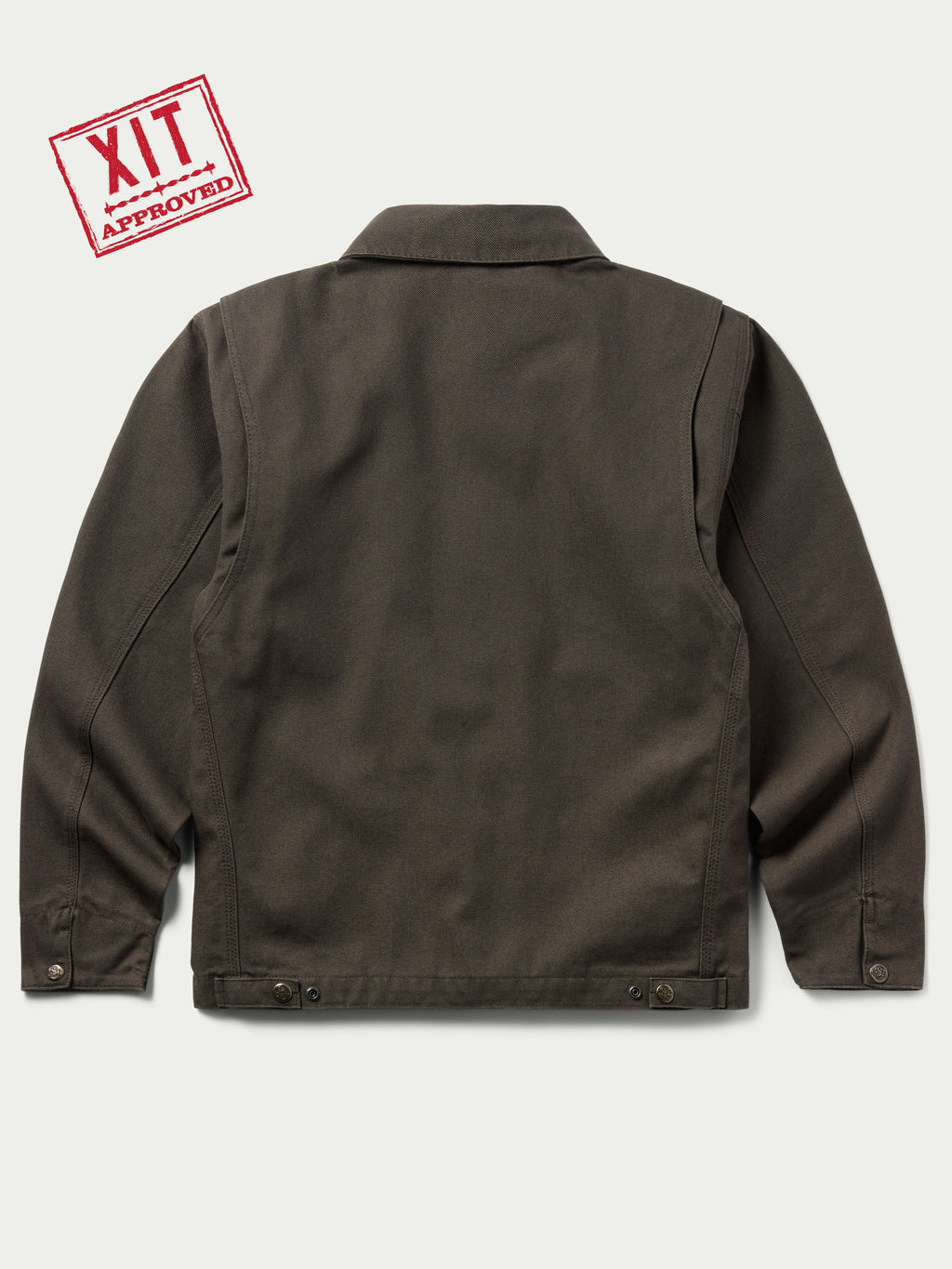 Dark brown canvas jacket back view with snap-down hem and side seams