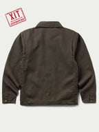 Dark brown canvas jacket back view with snap-down hem and side seams