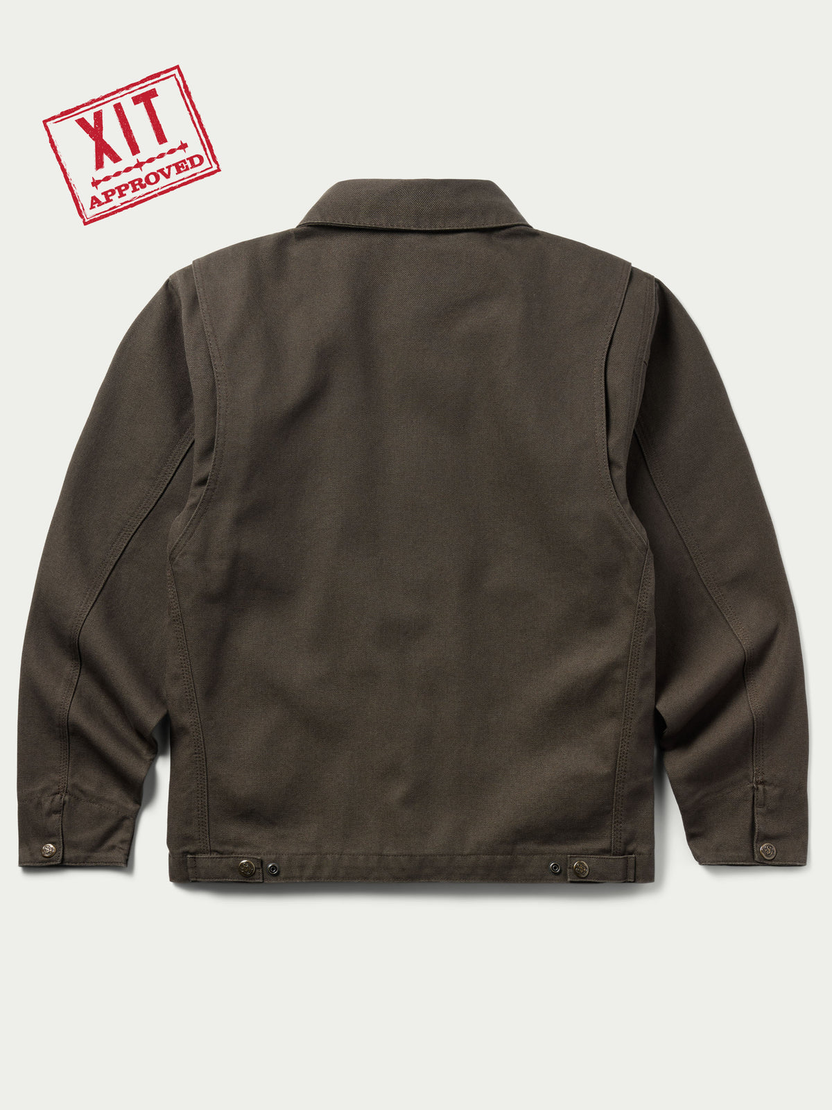 Dark brown canvas jacket back view with snap-down hem and side seams