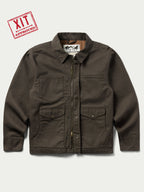 Men's canvas zip jacket in dark brown with two chest flap pockets and snap front