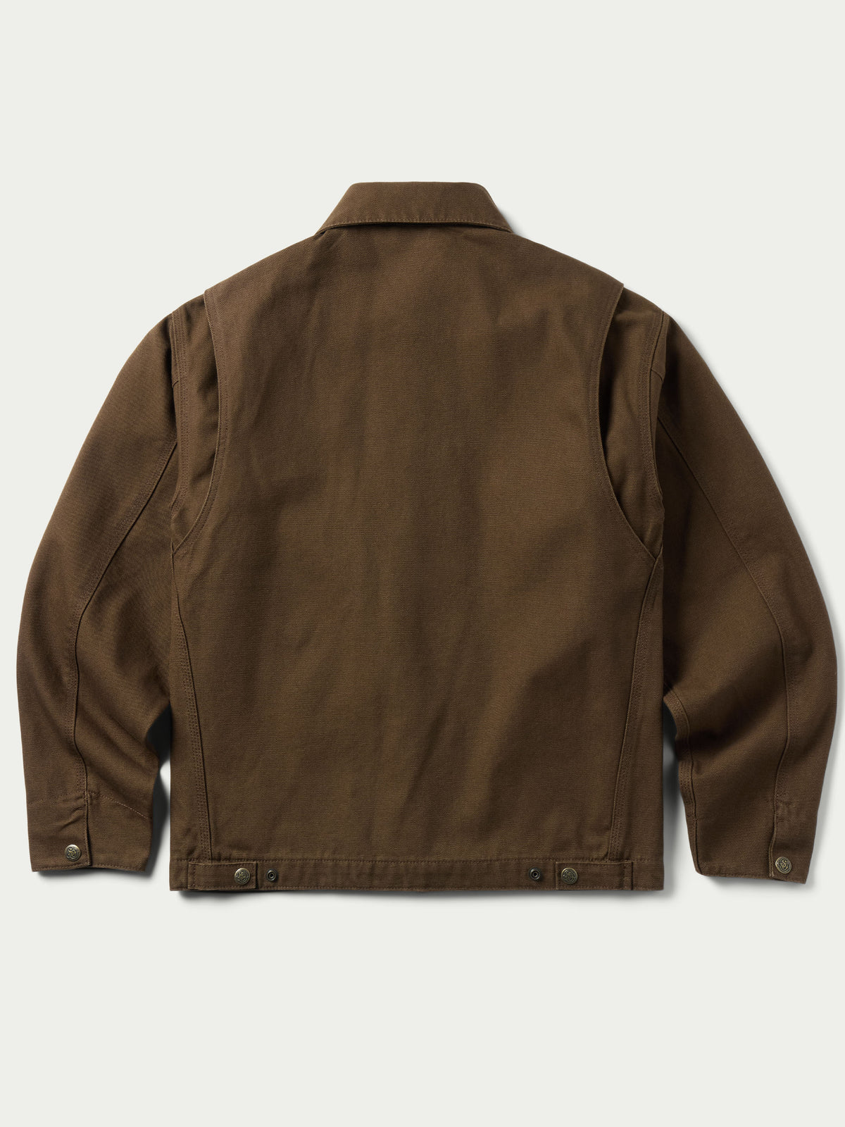 Hickory brown zip canvas jacket back view with snap hem tabs